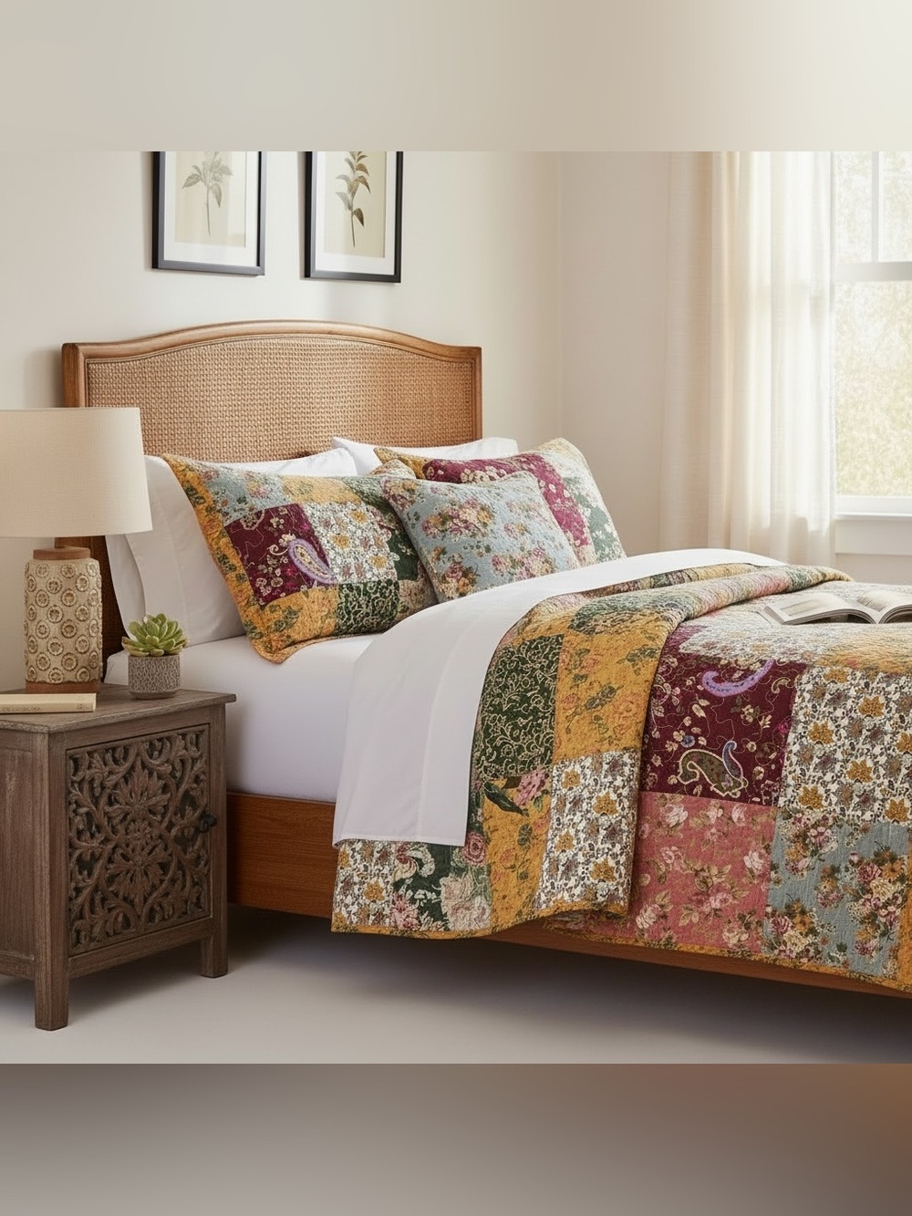 NEW Anthro Cotton Floral Reversible Patchwork Queen King Bedding Quilt Sham Set - Picture 5 of 15